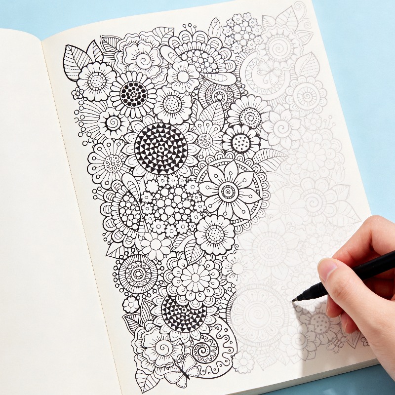 Adult Coloring Book Stress Relief - 大人のためのストレス解消手描き落書きブック、宇宙/海/デザート/花をテーマにした24種類の模様の線画ぬりえアルバム