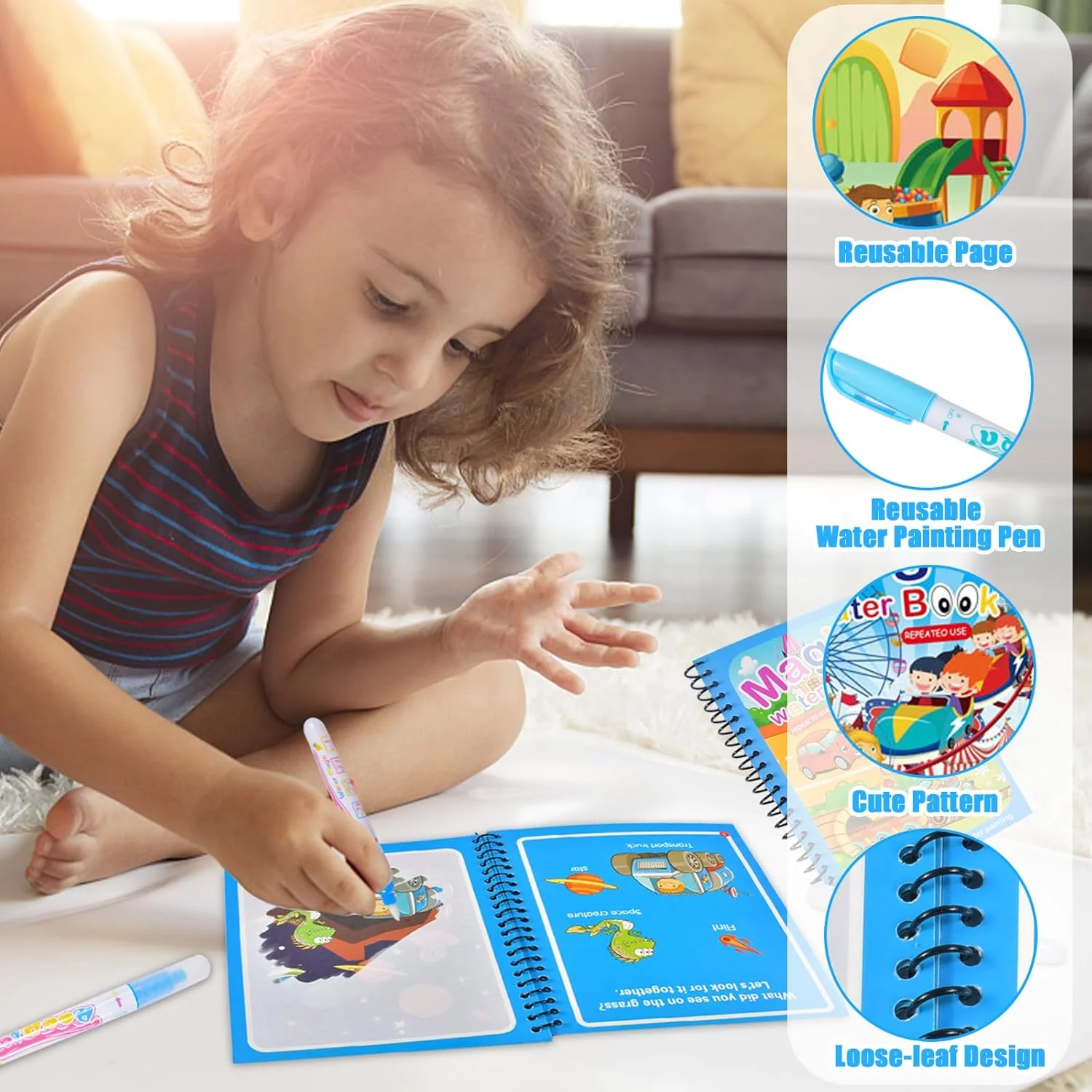繰り返し使える塗り絵ブック。モンテッソーリ教育に基づいた塗り - Reusable Water Magic Coloring Book のレビューと価格
