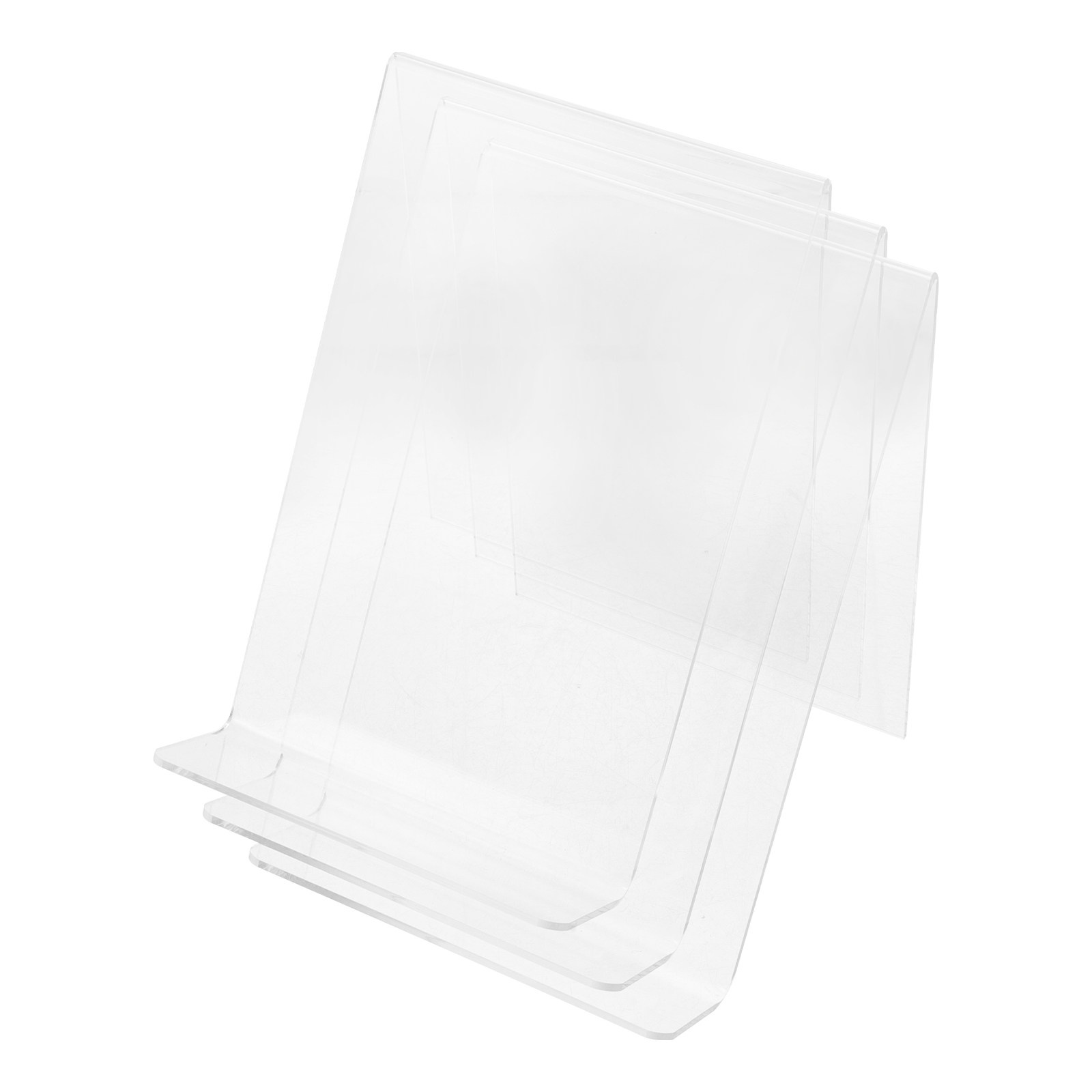 アクリル製ブックスタンド3点セット。透明な本棚型ディスプレイ - Clear Acrylic Book Stand Holder のレビューと価格